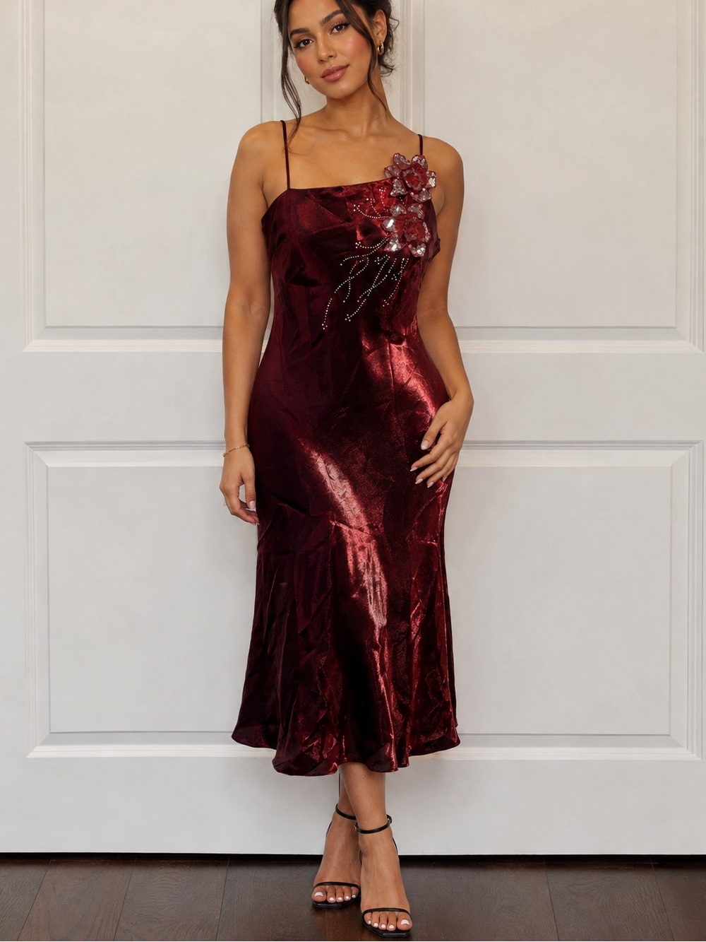 Vintage Y2K Wine Red Midi Dress Sz M Whimsical Romantic Goth Thin Strap Sequins